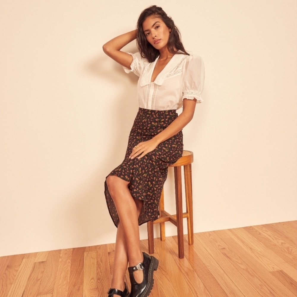 reformation bea floral midi skirt